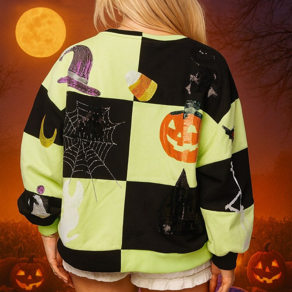 NWT Queen Of Sparkles Light Green and Black Checkered Halloween Icon Sweatshirt - Picture 2 of 5